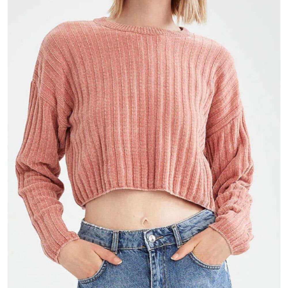 Zara Trafaluc Pink Faux Fur Sweater Ribbed Cropped Long Sleeves Women's Size S